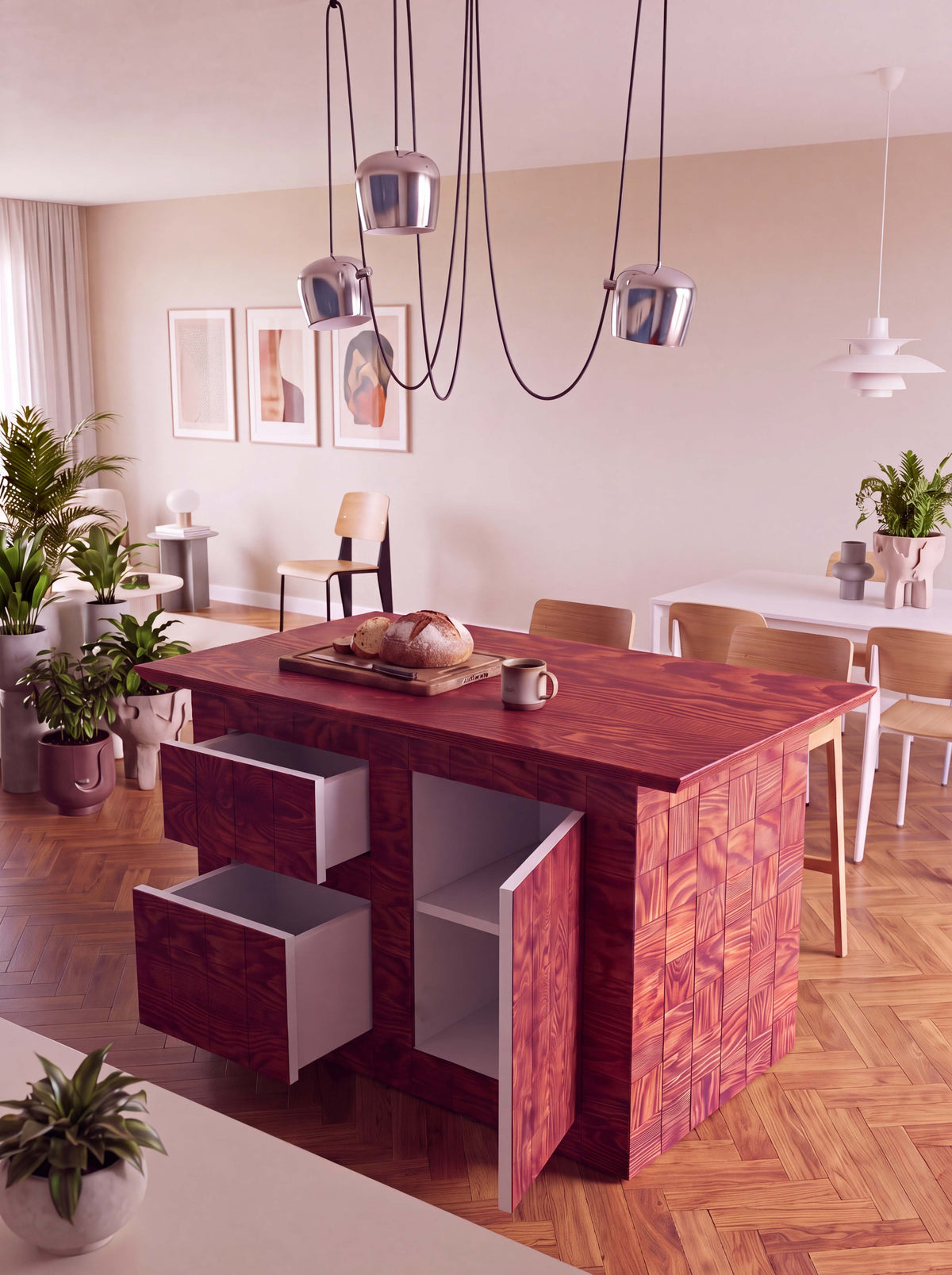 Tetra Modern Kitchen Island Table with Drawers | Grid Design