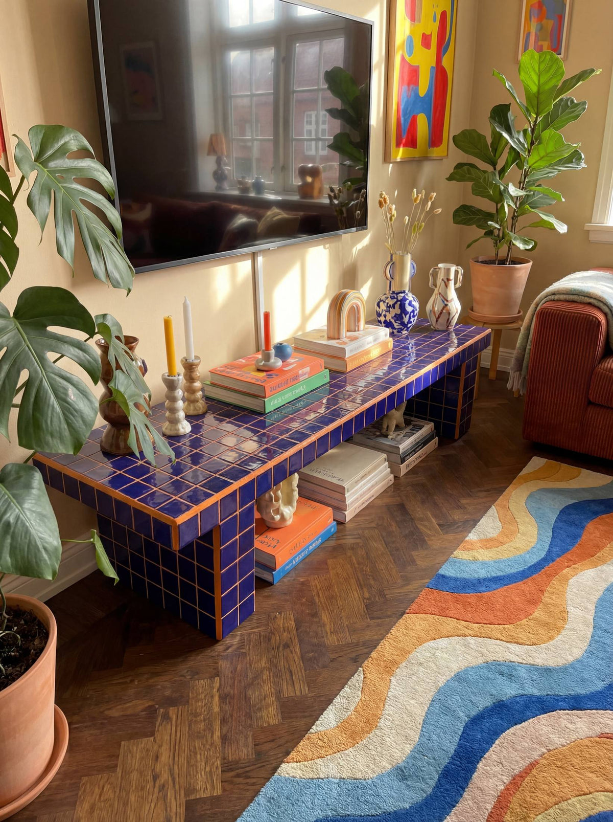 Voxel TV Unit in Cobalt Blue/Orange | Grid Design