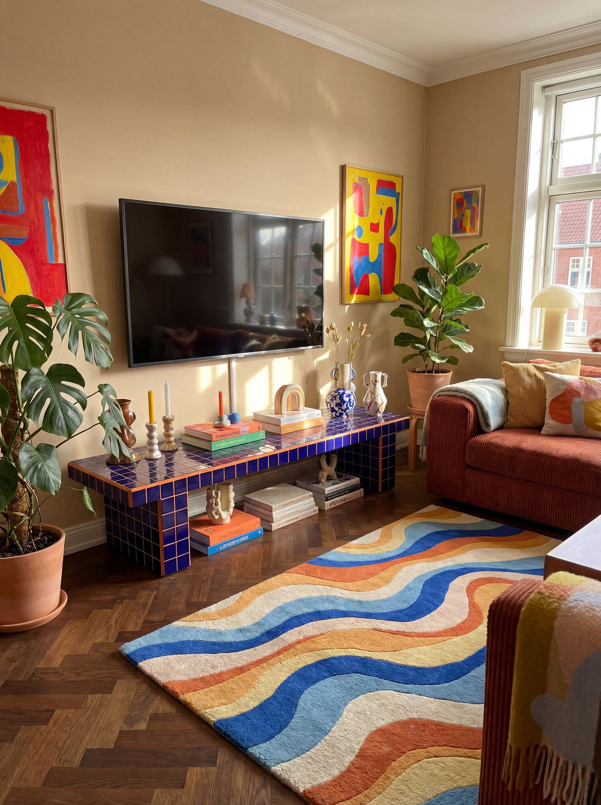 Voxel TV Unit in Cobalt Blue/Orange | Grid Design