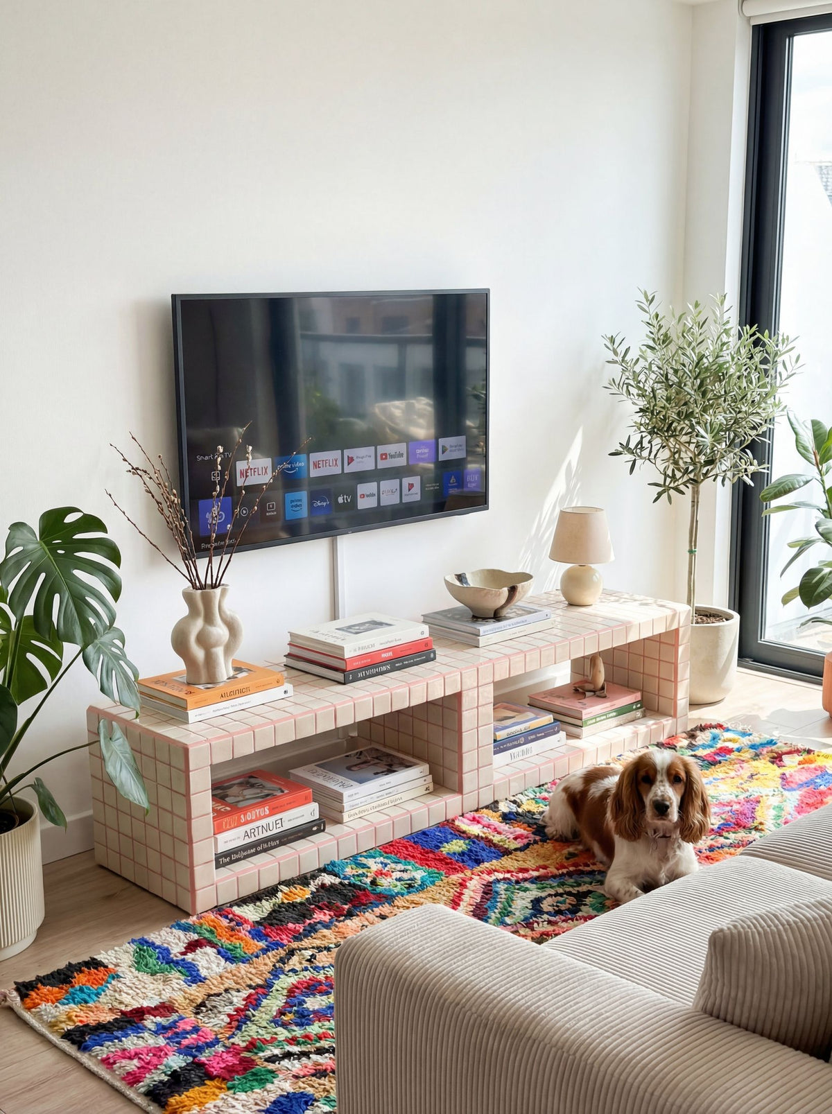 Fun Double Compartment TV Unit in Cream/Azalea | Grid Design