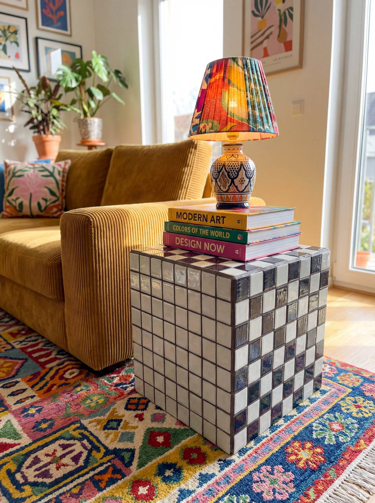 Box Side Table in Black-White Checkered | Grid Design