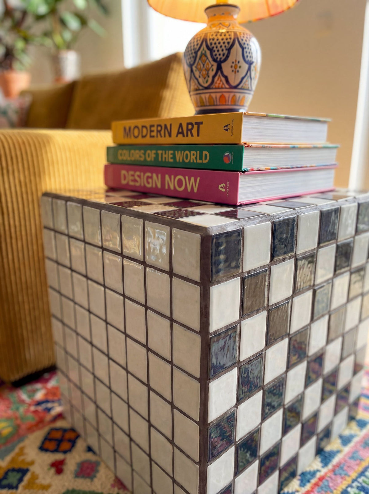 Box Side Table in Black-White Checkered | Grid Design