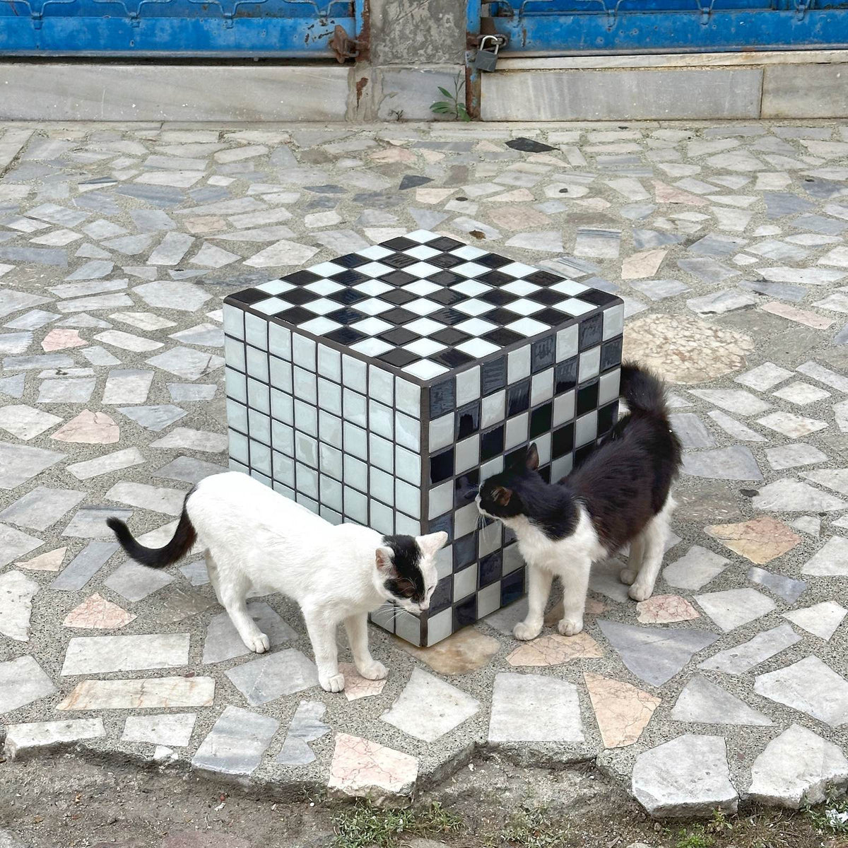Box Side Table in Black-White Checkered | Grid Design