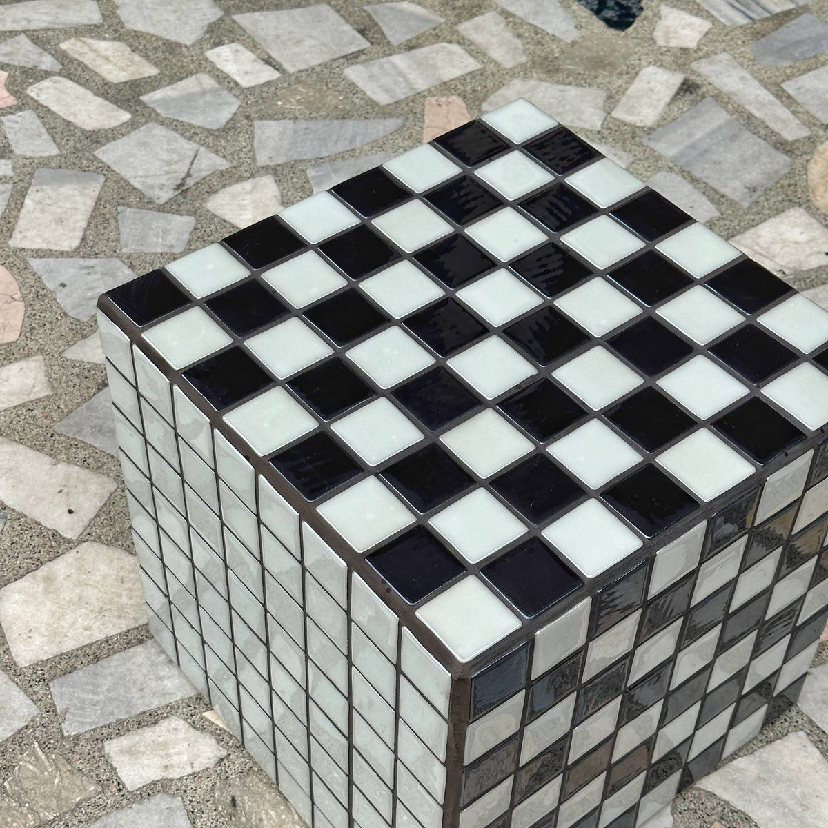 Box Side Table in Black-White Checkered | Grid Design