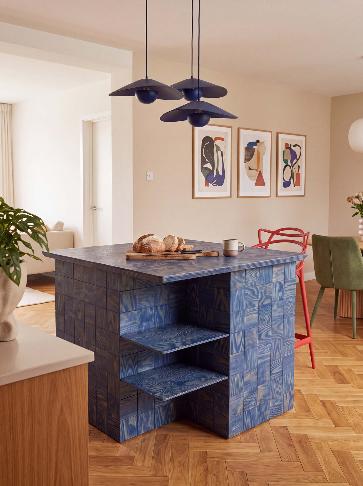 Tetra Modern Kitchen Island Table with Shelves | Grid Design