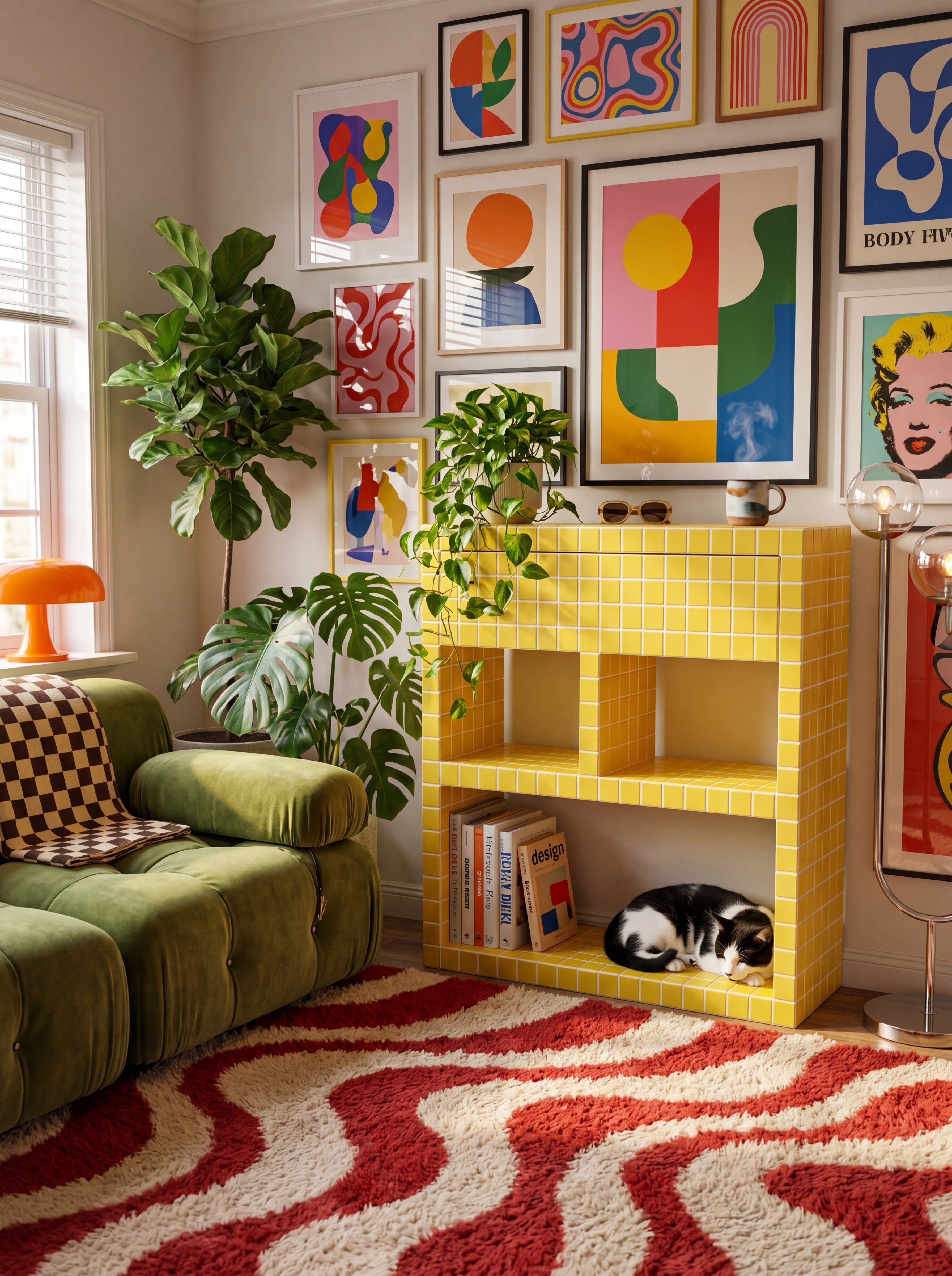 Tiled Bookshelf with Drawer, Console