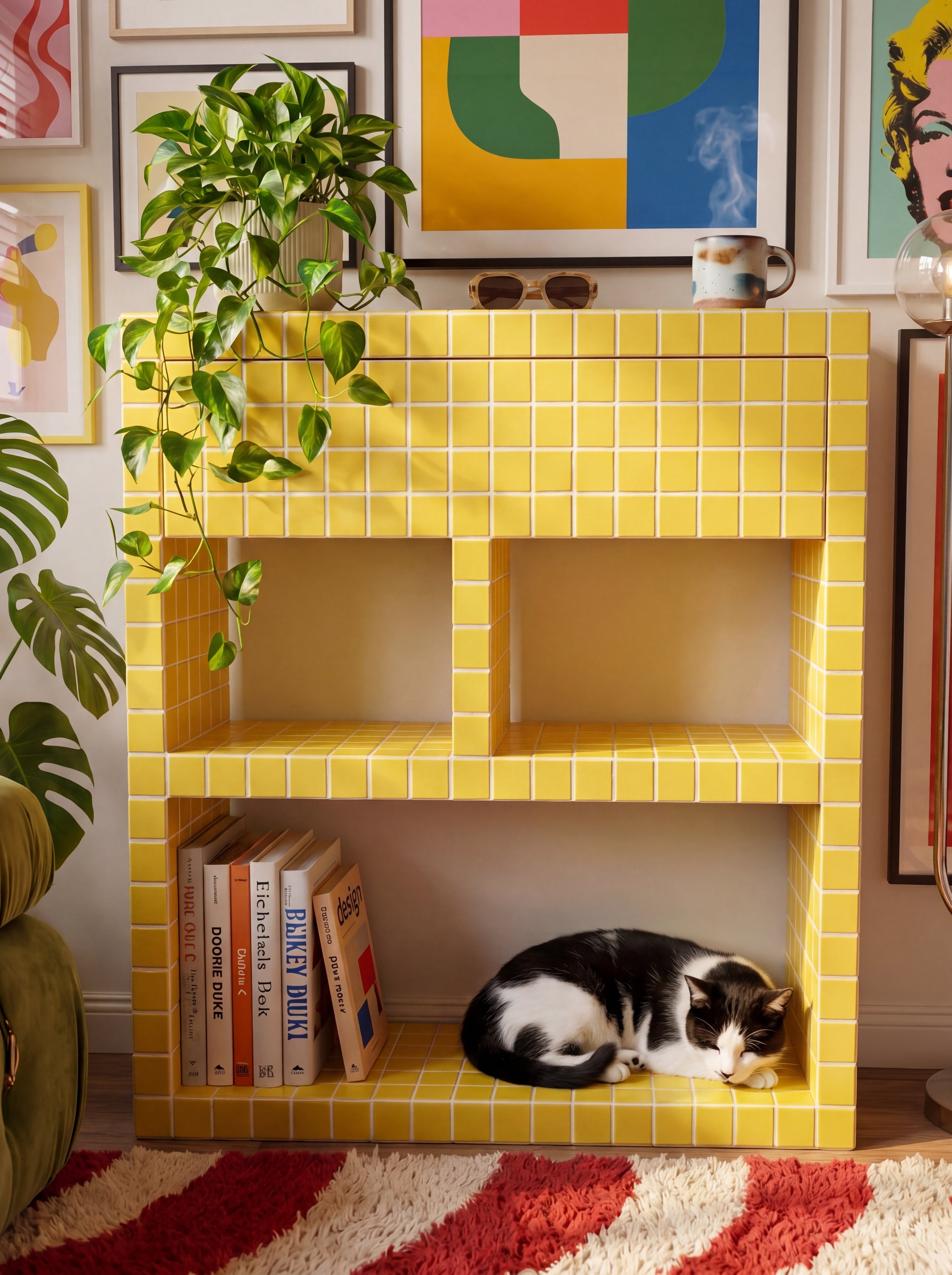 Tiled Bookshelf with Drawer, Console
