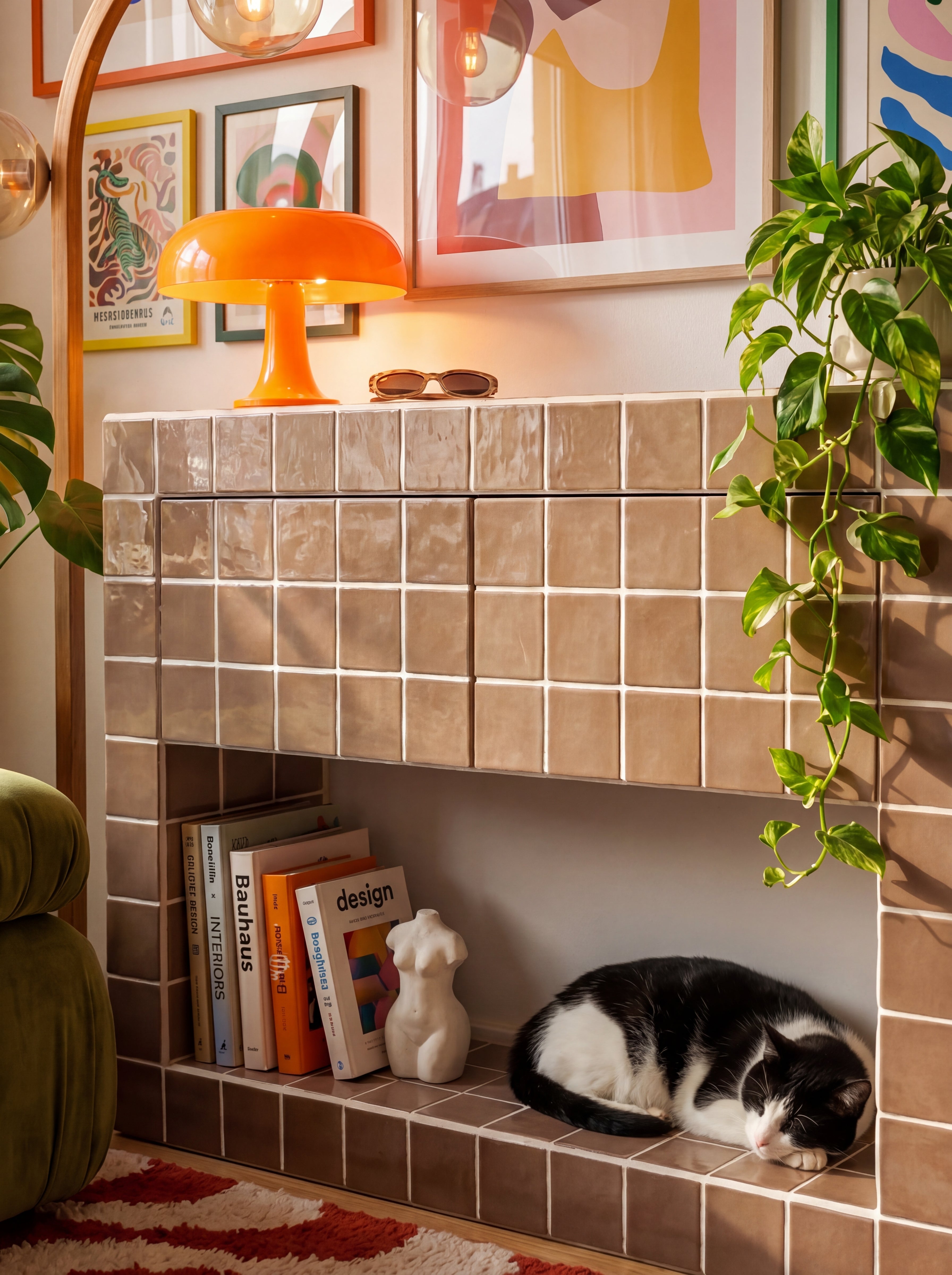 Tiled Console with 2 Drawers, Retro