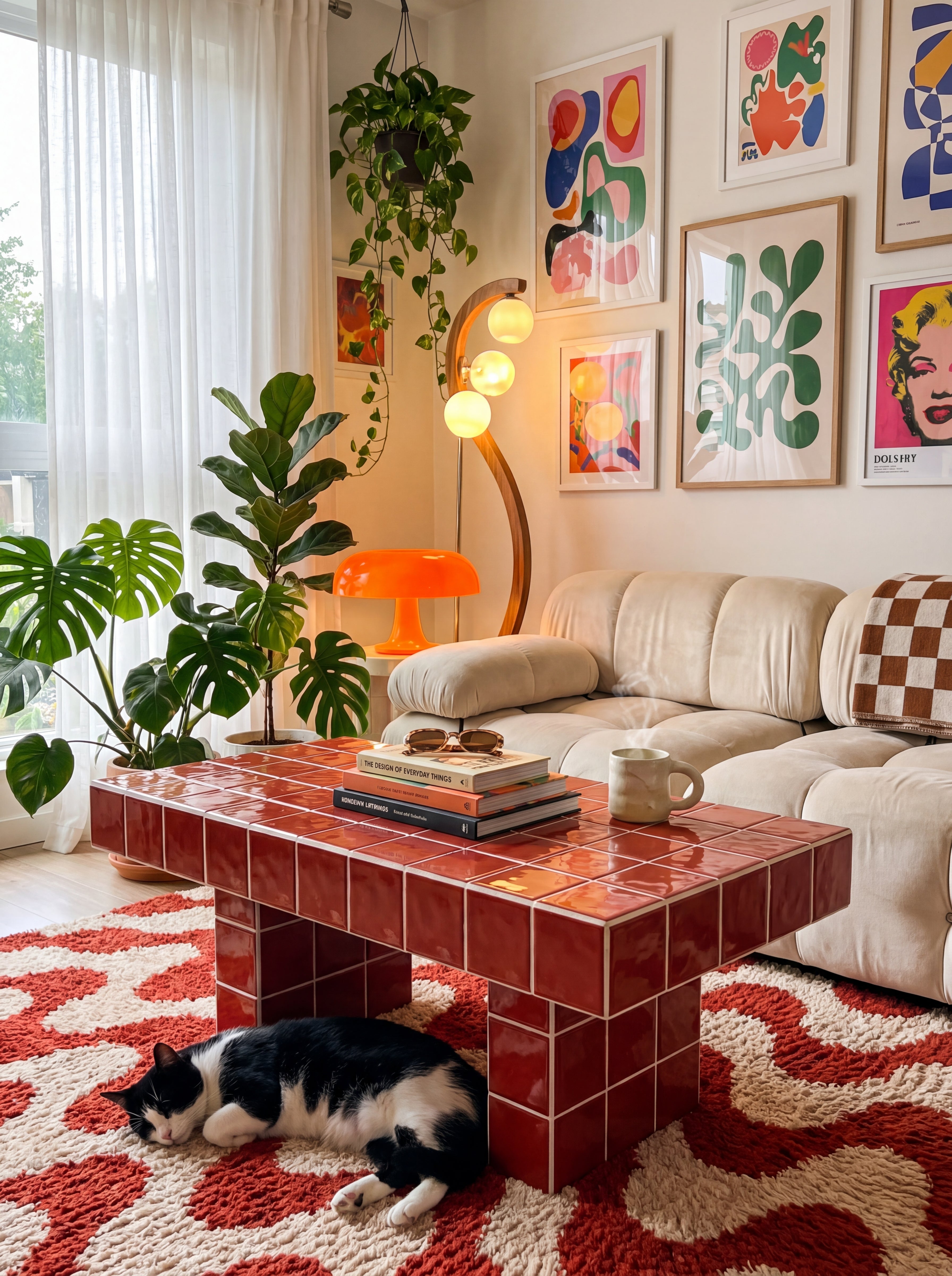 Tiled Coffee Table with 2 Legs, Retro