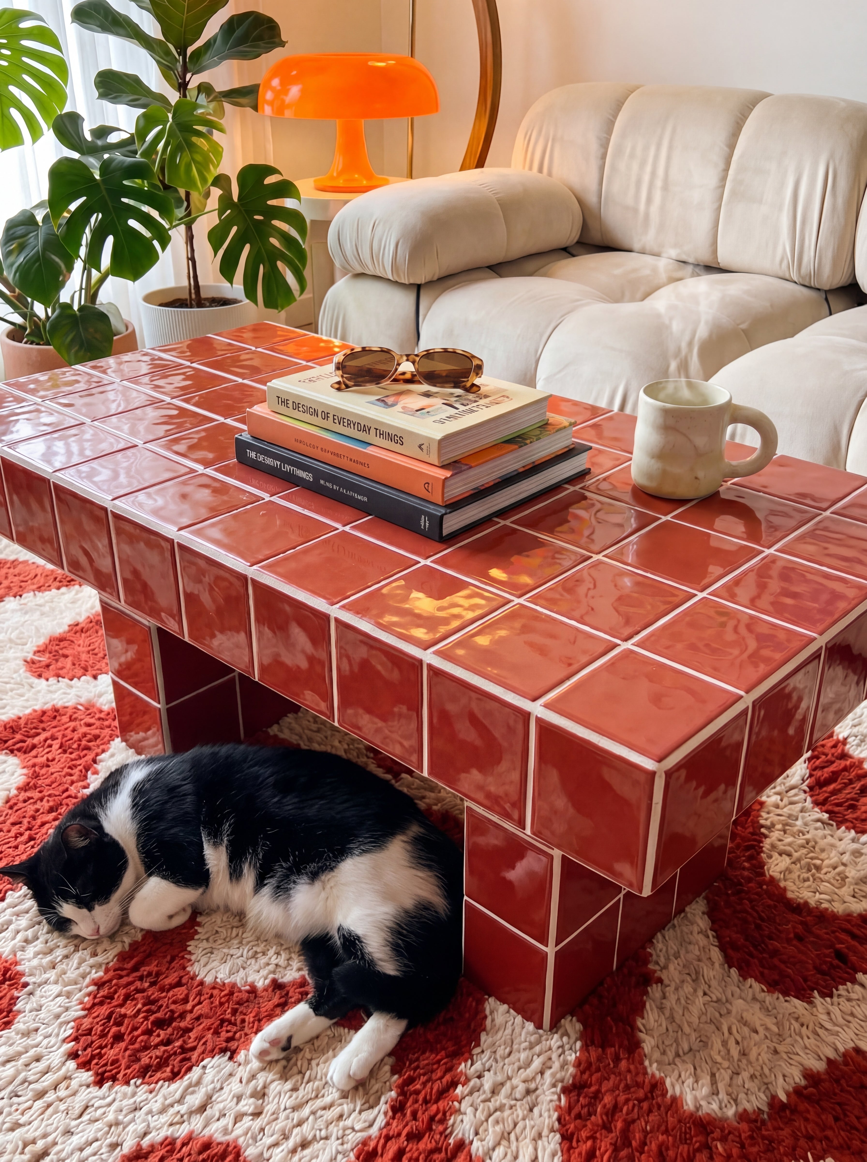 Tiled Coffee Table with 2 Legs, Retro