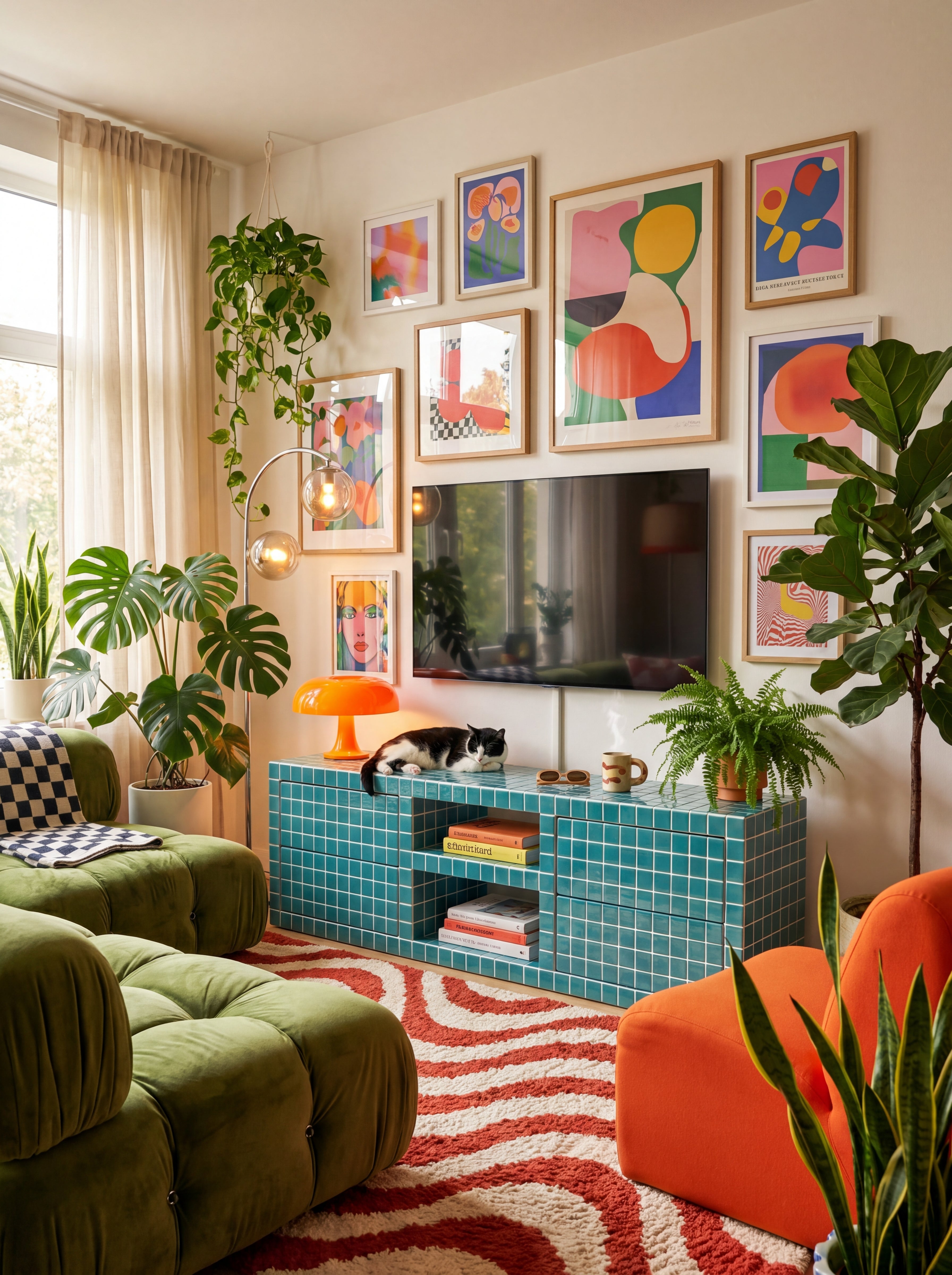 Tiled TV Stand with 4 Drawers, Fun