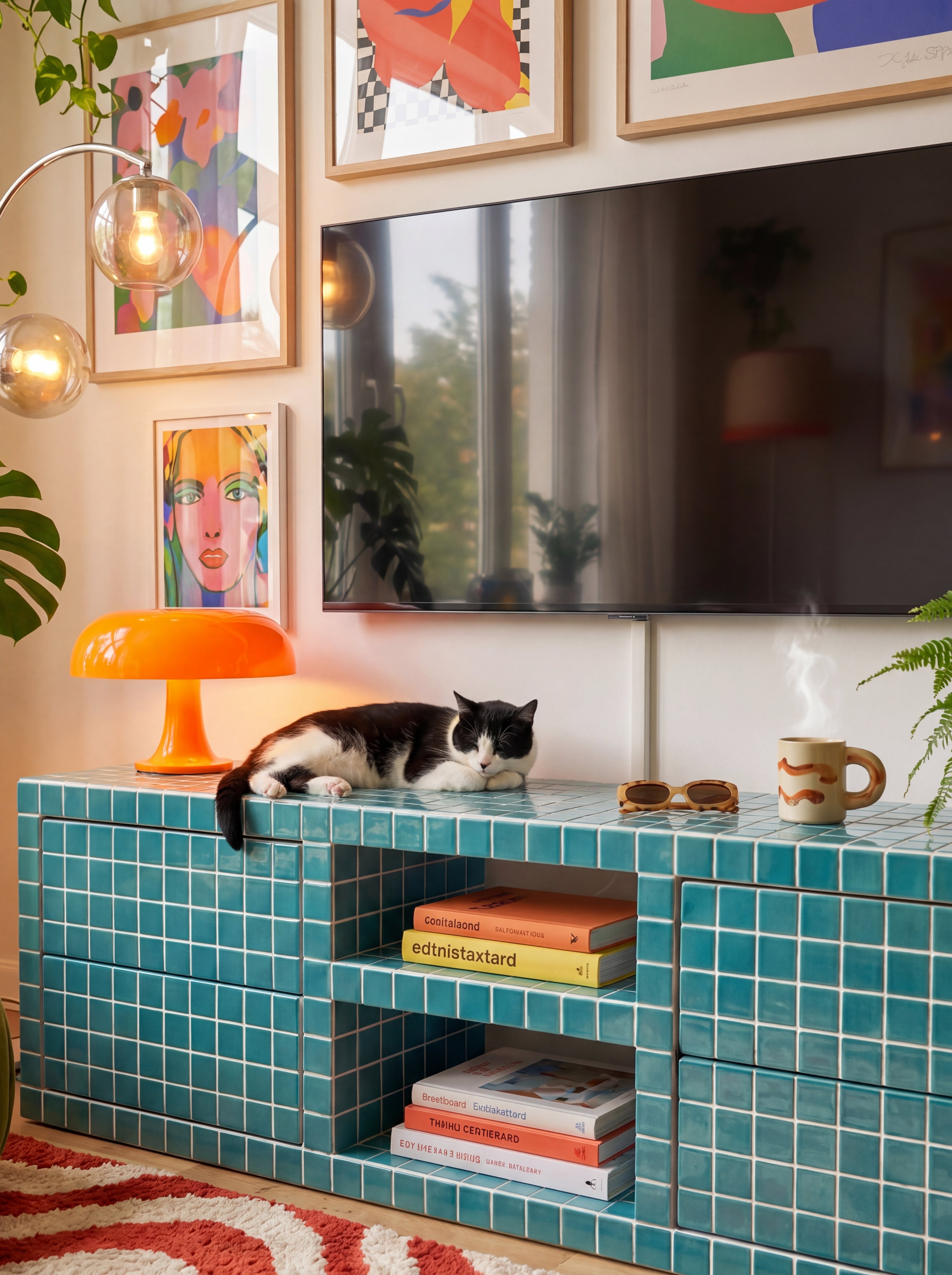 Tiled TV Stand with 4 Drawers, Fun